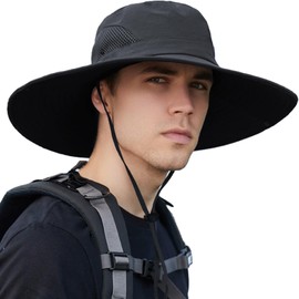 Men's Sun Hat, 15 cm Wide Brim Hiking Hat, UV Protection, Women's Foldable Breathable Hat with Chin Strap, for Outdoor, Hiking, Camping, Fishing, Summer, Waterproof Outdoor Bush Hat (Dark Grey