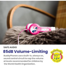 BuddyPhones Discover Fun | Durable Wired Kids Headphones - SafeAudio Volume-Limiting, DIY + Decorative Decals to Personalize (Pink)