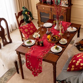 Joyfol - Camino de mesa bordado de Navidad de 14 x 86 pulgadas, diseño de flores de pascua, hojas de acebo, para Navidad, día festivo, festivales de invierno, cocina, comedor, decoración de mesa