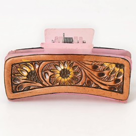 American Darling Floral Long Hair Claw Hand Tooled Carved Genuine Leather Brown Clips Clutcher Gift For Women Girls