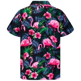 KING KAMEHA Funky Hawaiian Shirt, Shortsleeve, Flamingo Flowers, Black Pink, L
