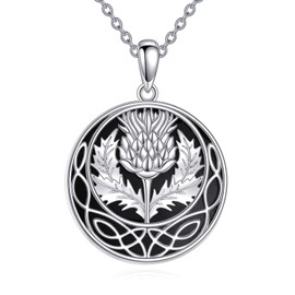 VENACOLY Scottish Thistle Necklace Sterling Silver Scottish Thistle Celtic Knot Necklaces Black Onyx Scotland Flower Pendant Jewellery for Women Female