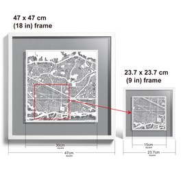 O3 Design Studio - Mappa tagliata di Barcellona incorniciata, mappa bianca, cornice bianca, 22,9 x 22,9 cm, opera d'arte in taglio di carta, confezionata in scatola regalo, 4 colori di sfondo