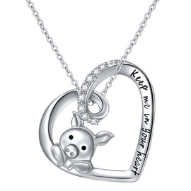 Flyow 925 Sterling Silver Cubic Zirconia Engraved Keep Me in Your Heart Cute Pig Heart Pendant Necklace for Women Birthday Graduation Gifts