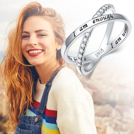 925 Sterling Silver Ring I'm Enough Inspirational Ring CZ Simulated Criss Cross Thumb Ring Size 52-59, Sterling Silver, Cubic Zirconia