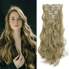 Gairyan 20inch Curly Blonde Hair Extensions Clip in Long Hair Extension 7PCS Full Head Synthetic Wavy Hairpiece for Women (Natural Blonde)