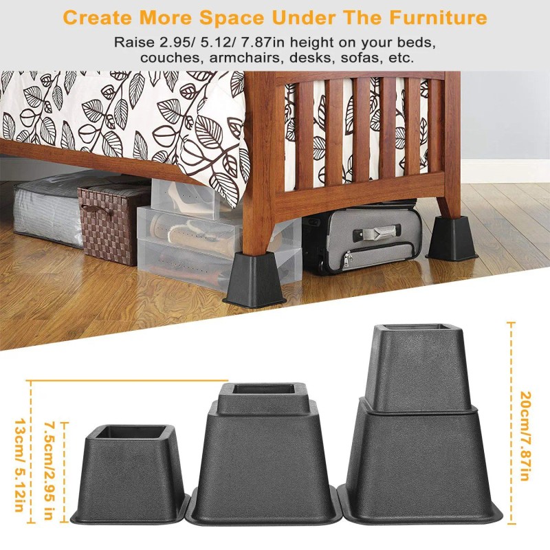 8pcs Adjustable Furniture Risers 500kg 1100lbs Capacity Bed Lifters for
