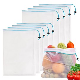 JSVSLTD Set of 8 Reusable Mesh Produce Bags- Washable Produce Bags - 8 Blue Large (12"x17") See-Through Mesh Produce Bags for Storage Fruit, Vegetable, Toy