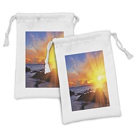 Ambesonne Beach Fabric Pouch Set of 2, Colorful Sunset Romance in the Sky at Tropic Fantasy Landscape Print, Small Drawstring Bag for Toiletries Masks and Favors, 9" x 6", Orange Blue