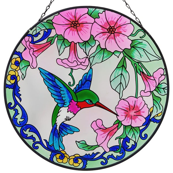 VEWOGARDEN Round Hummingbird Stained Glass Window Hangings Colorful Suncatcher Panel with Chain Window Hanging Decor Bird Lover Gift for Mom, Grandma, Wife, Sister, Teacher