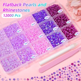12000 Pcs Purple Flatback Pearls and Rhinestones for Crafting, 3-5 mm Jelly Resin Rhinestones, Mixed Size Half Pearl Bedazzling Gems for Nail DIY Crafts Mugs Bottles Tumblers Clothes Makeup