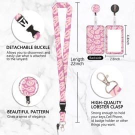 Pink Smiley Face Card Holder ID Badge Detachable Lanyard with Retractable Clip for Key Chains, Business Cards, Door Cards, ID Cards