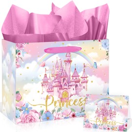 Large Princess Party Favor Bags Princess Castle Gift Bags with Tissue Paper and Greeting Cards Christmas Princess Candy Goodie Bags Prince Princess Treat Gift Wrapping Paper Bags for Birthday Party