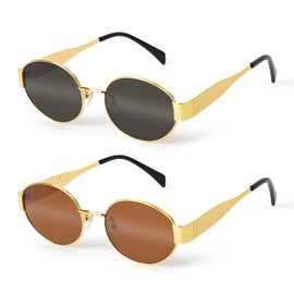 GoaePode 2 Retro Sunglasses Women Men Oval UV400 Protection Sunglasses Metal Trendy Classic Gold Frame Sunglasses Vintage Fashionable Glasses for Men and Women, brown