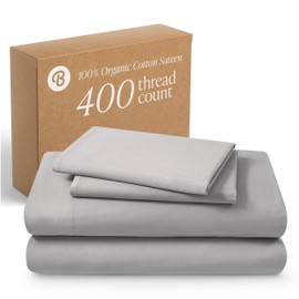 Bare Home 100% Organic Cotton Twin Extra Long Sheet Set - 400 Thread Count - Smooth Sateen Weave - Breathable & Cooling - Hotel Luxury Set - Deep Pocket Bed Sheets (Twin XL, Light Grey)
