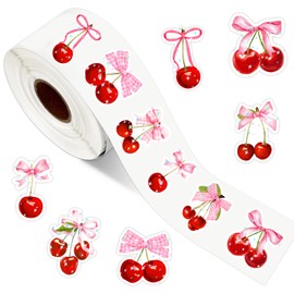 JarThenaAMCS 1000Pcs Coquette Cherry Sticker Laser Pink Bow Paper Decal Cute Holographic Fruit Adhesive Seal Sticker for Planner Reward Envelope Scrapbook DIY Supplies, 1.5 in