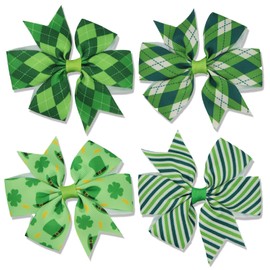 4 Pcs St Patricks Day Hair Bow Clips Clover Plaid Printed Bow Hair Pins Grosgrain Ribbon Hair Bows Alligator Clips Irish Headwear for Toddlers Girls Kids St. Patrick's Day Party Hair Accessories