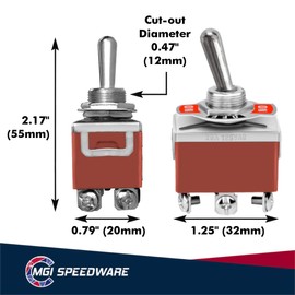 MGI SpeedWare 6-Pin DPDT One-Side Momentary Metal Toggle Switch, 20 Amp at 12vDC 125vAC, (ON)/Off/ON 1-Pack