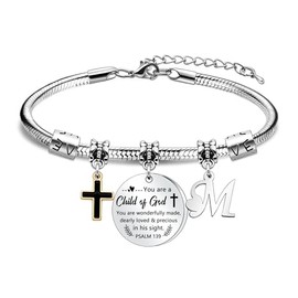 HEYEJET Christening Gift Bracelets for Women with 26 Letters Baptism Present Cross Bracelet Gift for Godmother Godchildren Original Pendant Jewellery for Girls Confirmation First Communion Gifts (M)