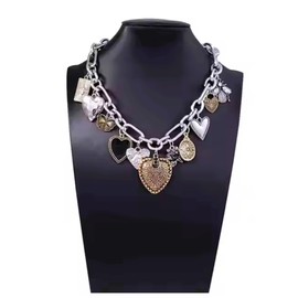 Vintage Inspired Chunky Charm Necklace, Cubic Zirconia Stones; Adjustable Length 44.5-50cm (Silver)