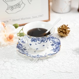 LE POTOCIO - Tazas de té y platillos de porcelana de hueso (azul B)