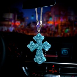 UHANBUT Bling Cross Car Rear View Mirror Charm, Sparkly Rhinestone Automotive Pendant, Religious Vehicle Hanging Ornament, Cute Auto Interior Decoration Accessories for Men, Women, Girls (Blue)