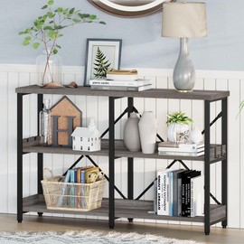 BON AUGURE Entry Table, 47 Inch Console Tables for Entryway, Narrow Couch Table Behind Sofa for Living Room, Wood 3 Tier Shelves Organization Tables for Foyer, Hallway (Dark Grey Oak)