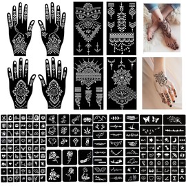 QSTOHENA 12 Sheets Henna Tattoo Stencil Kit - 145 Pieces Glitter Temporary Tattoo Henna Stencils Reusable for Women Girls Teens Face Body Art Paint