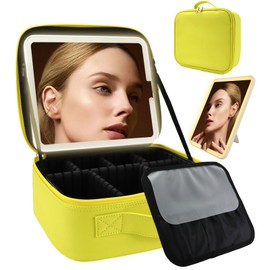 Travel Makeup Bag for Women and Makeup Artists Cosmetic Organizer Large Makeup Case,Travel Makeup Bag with Mirror 3 Color Setting,Portable Storage and Adjustable Dividers Makeup Bag(yellow)