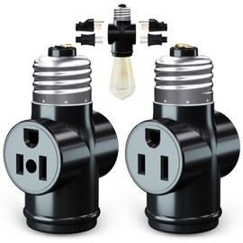 2 Pack, Light Socket to Plug Adapter, Convert E26 Light Socket to 3-Prong Outlet Adapter and Light Bulb Socket (Black)
