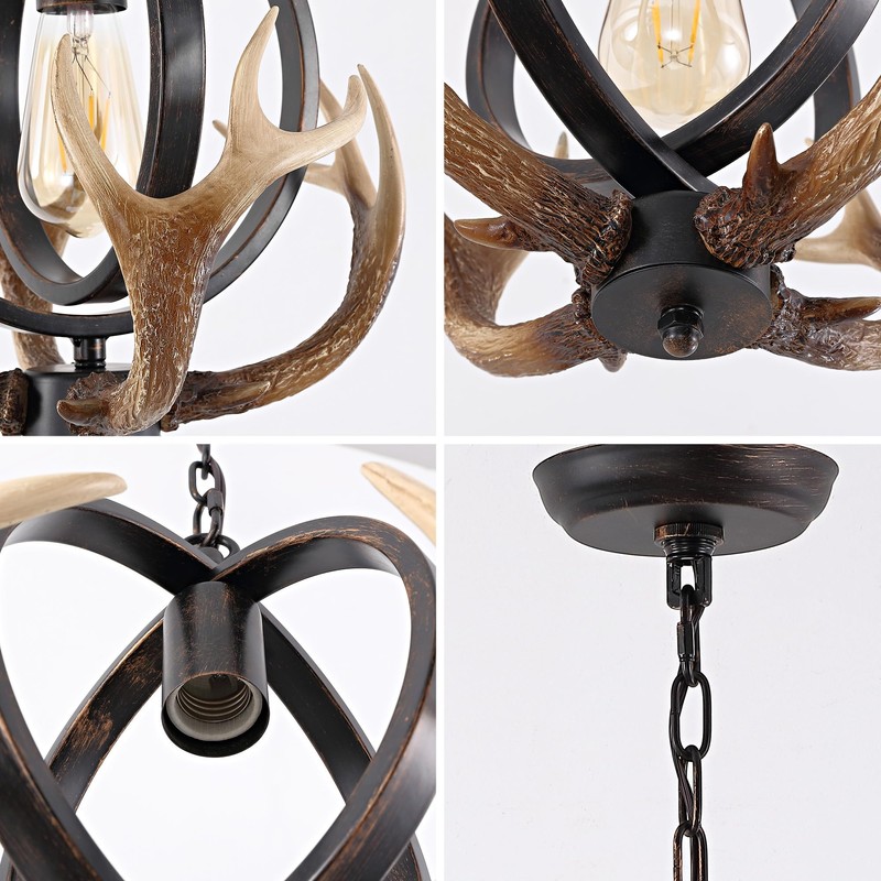 NEARLED Rustic Antler Pendant Light, Metal Globe with Resin Antlers,