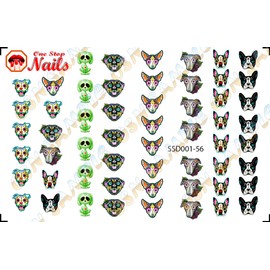 Sugar Skull Dog Nail Art Decals (Tattoo). Set of 56 Clear waterslide nail art decals. Dia de los Muertos. SSD001-56 by One Stop Nails