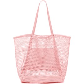 hatisan Beach Bag Mesh Tote Bag,Upgrade Beach Tote with Phone Pouch Women Mesh Bag Shoulder Bag for Beach Travel Vacation (Pink)