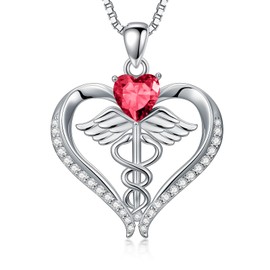 VNRIOW Nurse Gift for Women 925 Sterling Silver Caduceus Heart Moissanite Necklace for Registered Nurse Graduation Birthday Birthstones Jewelry Gift (Ruby Red)