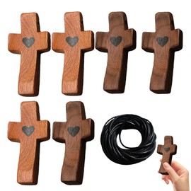 6 Pieces Worry Stone Cross with Hearts Worry Stone Wooden Cross Crucifix Worry Stone Cross Hand Carved Love Cross for Prayers Christening Communion with 15 m Waxed Polyester Cord