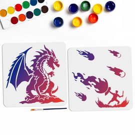 MAYJOYDIY 2pcs Dragon Warrior Flame Stencils 22.4×11inch Splicing Style Medieval Dragon Stencil with Paint Brush 11.8×11.8inch Large Flame Fire Template for Fabric Walls Furniture
