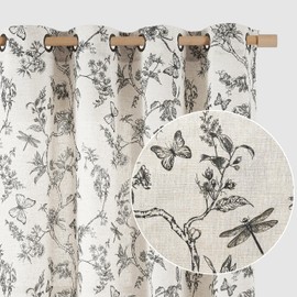Lazzzy Black Floral Linen Farmhouse Curtains 84 Inch Length Drapes for Living Room Bedroom Pattern Light Filtering Country Vintage Curtain Grommet Top, 2 Panels, Black on Beige