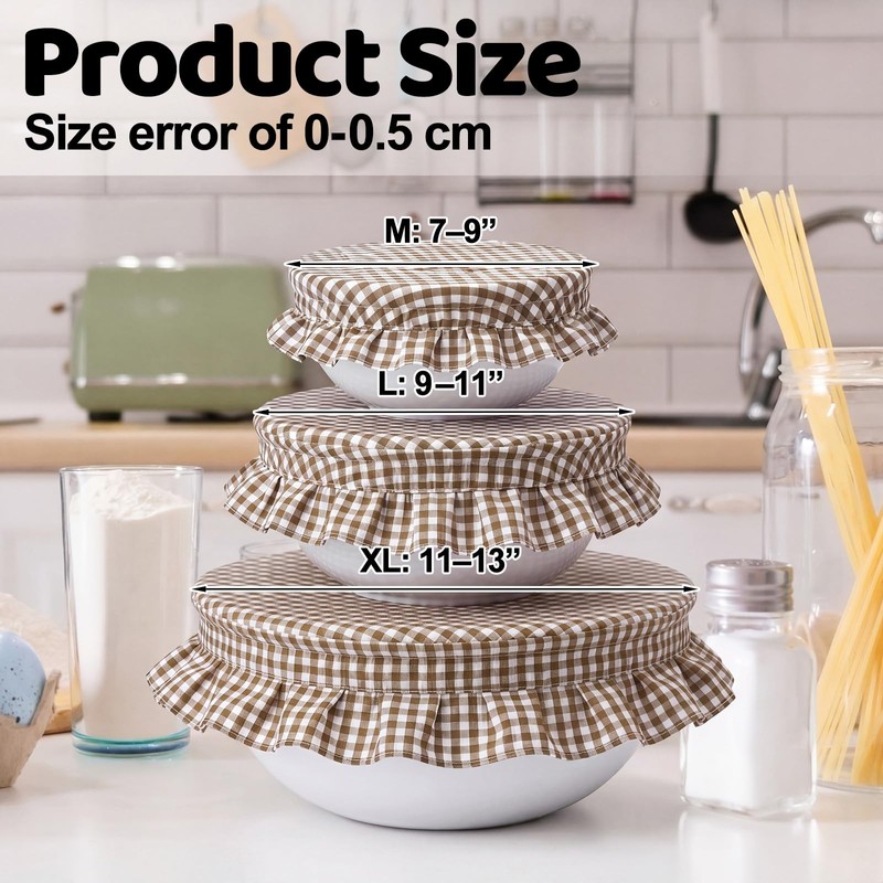 Hushee 3 Pcs Brown Gingham Bowl Covers with Ruffle for