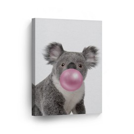 Smile Art Design Cute Koala Animal Bubble Gum Art Teal Blue Canvas Print Chewing Gum Wall Art Home Decoration Pop Art Living Room Kids Room Decor Nursery Ready to Hang Made in The USA 17x11