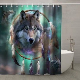 TheBlackSpot Wolf Dream Catcher Shower Curtain Native American Bath Curtains Decor Sets Grommet with Hooks (60" W×72" L) Blue and Brown