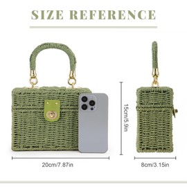SUKUTU Handwoven Rattan Bag for Women Braided Straw Square Crossbody Bag Vintage Basket Handbag Beach Tote Bag, Green