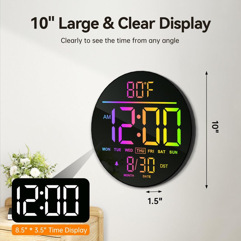 JALL 10" Large Digital Wall Clock with Seconds, Alarm Countdown
