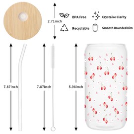 MRYAWXBK Cute Cherry Glass Cup with Bamboo Lids Straw 16oz, Ice Coffee Glass Tumbler for Soda Boba Tea Cocktail Birthday Gifts for Her Mom