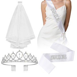 Bachelorette Party Bride to Be Kit for Bridal Shower Crown, Bride to Be Sash with Pearls &White Veil, Women Wedding Engagement Gifts