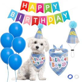 SCENEREAL Dog Birthday Bandana Hat Set, Puppy Birthday Party Supplies for Boys Dogs, Pet Birthday Scarf Outfit with Sign Banner and Balloons for Small Medium Large Dogs