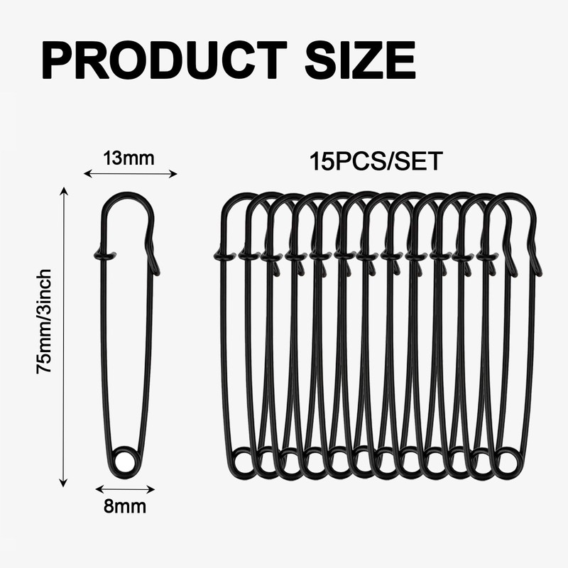 15 Pcs Large Safety Pins, 75mm /3 Inch Duty Safety