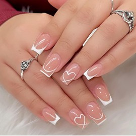 Pink French Tip Press on Nails Short Nude Nails Fake Nails with Design French Nails Press ons Cute Heart Line Stick on Nails Medium Square Acrylic Nails for Women Daily Wear 24Pcs