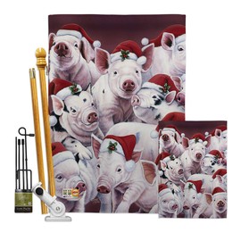 Breeze Decor Christmas Piggies Garden House Flags Kit Winter Santa Marry Xmas Present Reindeer Season Wintertime Snow Small Decorative Gift Yard Banner Made in USA 28 X 40