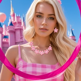 EVER FAITH Daisy Flower Necklace with Earrings Set for Women Girls Cosplay Jewellery Set Dress Up Costume Jewellery for Hot Pink Dress, Crystal