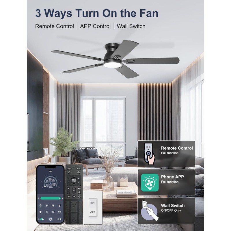 Phylluz 52'' Black Flush Mount Ceiling Fan with Lights for